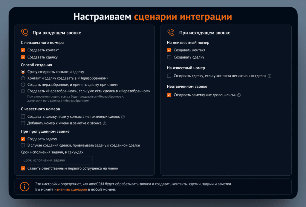 Настраиваем сценарии интеграцииСипуни и амоСРМ